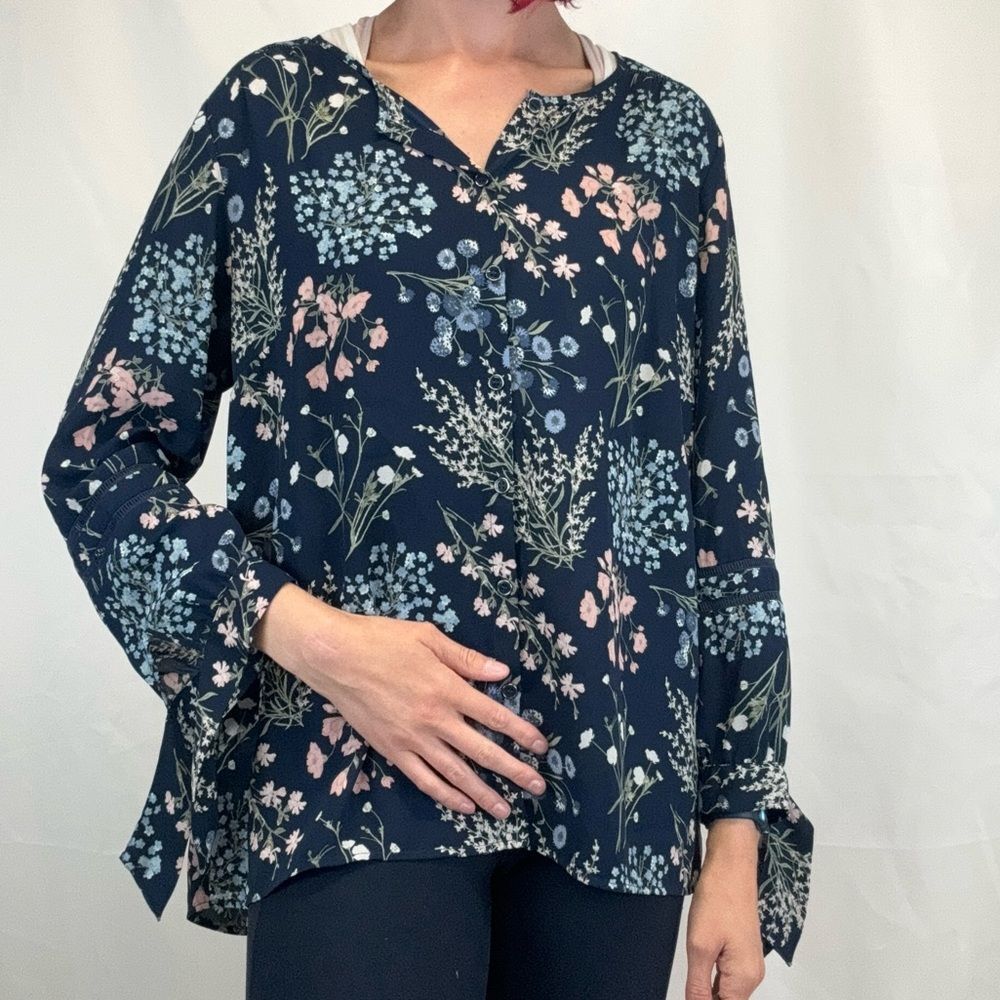 Westport 1962 Women's Floral Button Blouse XL Navy Career Navy Blue Pink Green